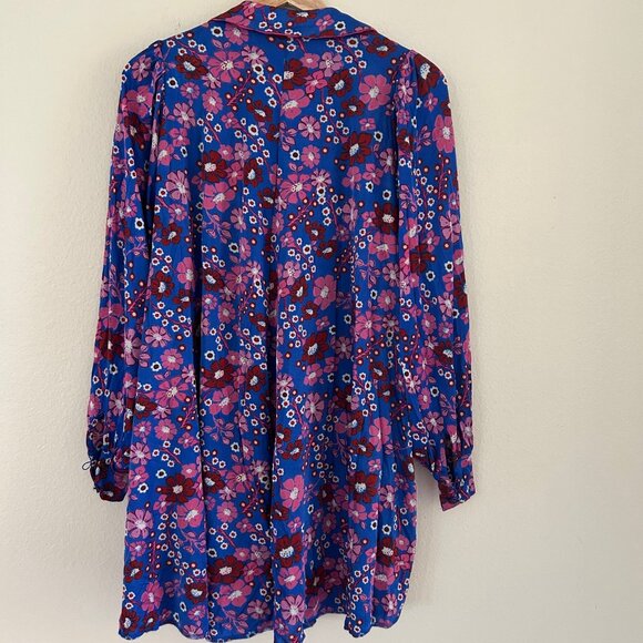 Free People Daisy Jane Mini Dress Purple Floral Retro Tie Neck SXS Oversize - Picture 5 of 9